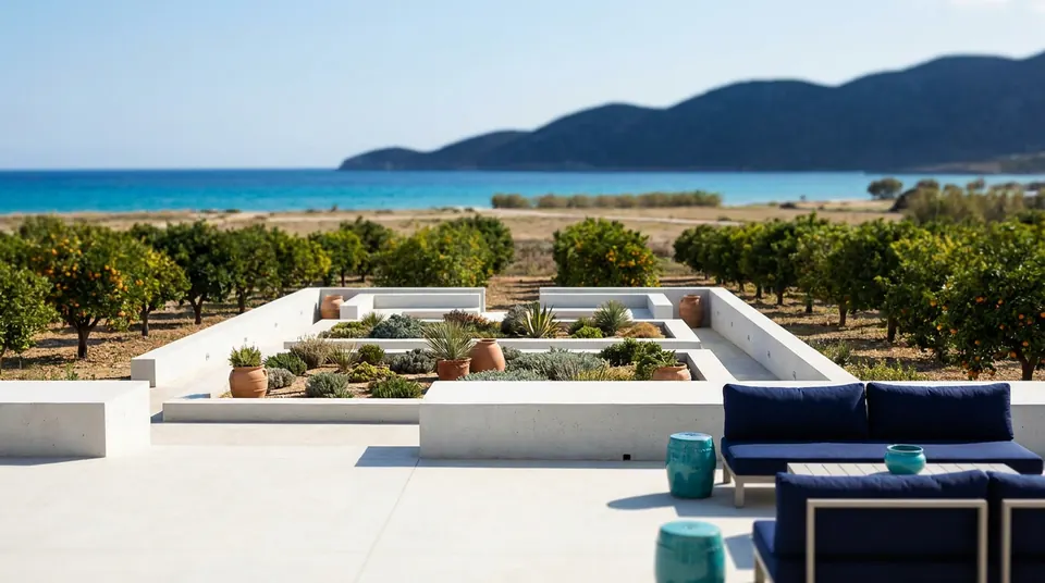 Terraza de una casa entre campos de naranjos, con el mar al fondo, en Els Poblets