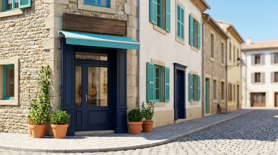 Calle empedrada de Gata de Gorgos con fachadas de piedra y un taller con guitarras tras la puerta