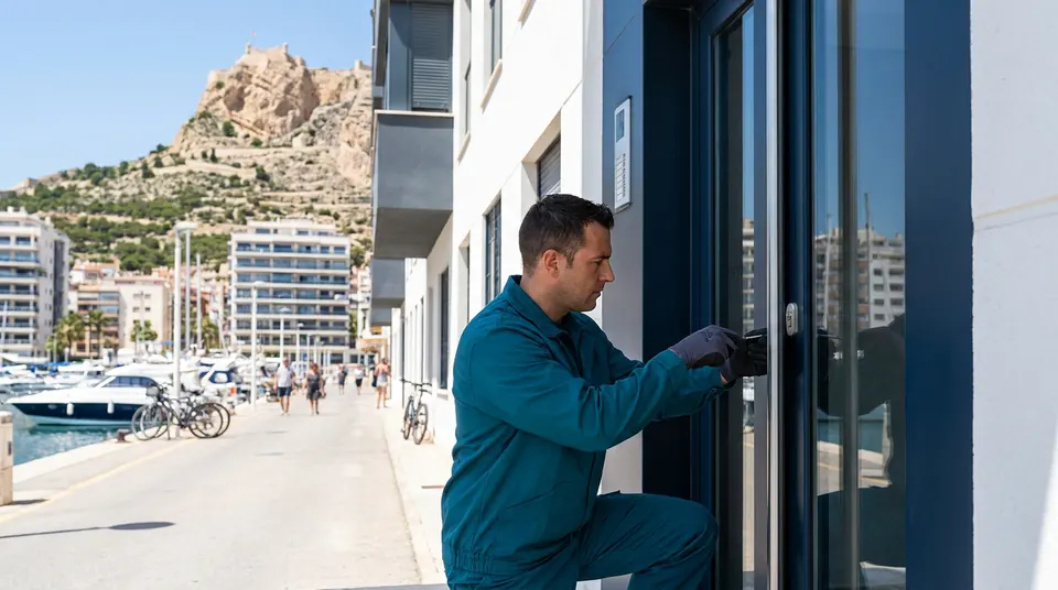 Cerrajero con uniforme turquesa trabajando en la cerradura de un portal junto a un puerto deportivo