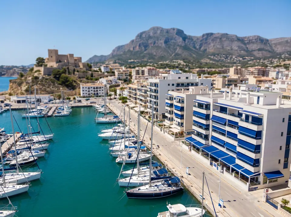 Vista del puerto deportivo con edificios blancos, el castillo sobre la colina y la montaña al fondo